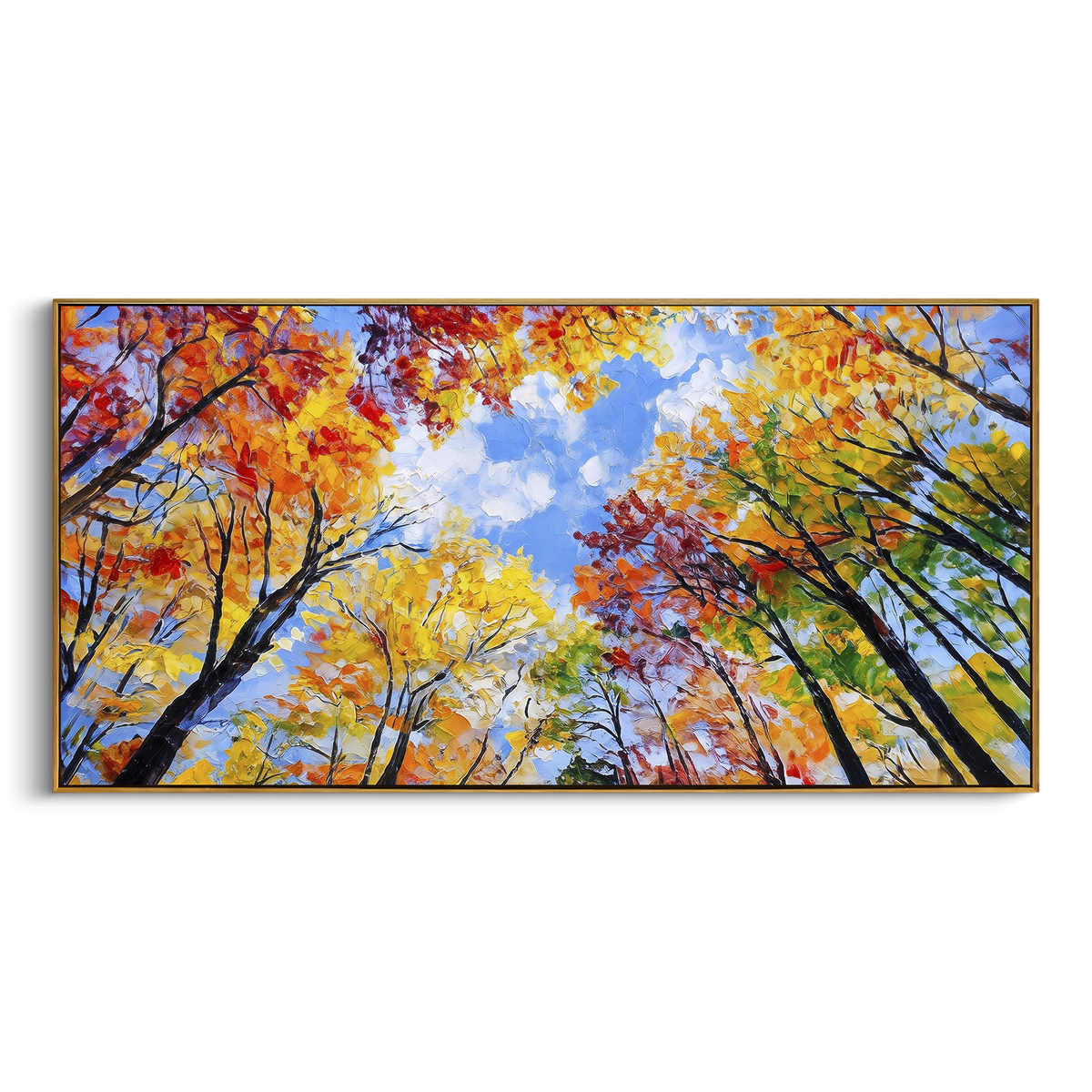 ARTWORK DETAILS Skyward Autumn Canopy Painting is built from the actual artwork image: upward view of red yellow green canopy around blue sky. The composition uses raised texture to separate tree trunks, leaf masses, ground movement, and soft background atmosphere, so the surface reads with real hand-painted depth from different viewing angles. The color direction is red, yellow, blue, chosen to keep the autumn mood warm while still leaving enough pale air and cool contrast for modern interiors.