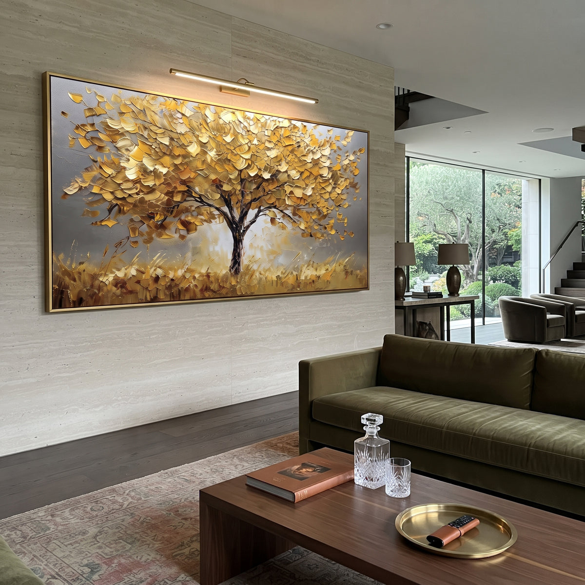 ARTWORK DETAILS Golden Solitary Tree Painting is built from the actual artwork image: single golden tree spreading across a warm gray field. The composition uses raised texture to separate tree trunks, leaf masses, ground movement, and soft background atmosphere, so the surface reads with real hand-painted depth from different viewing angles. The color direction is yellow, gray, beige, chosen to keep the autumn mood warm while still leaving enough pale air and cool contrast for modern interiors.