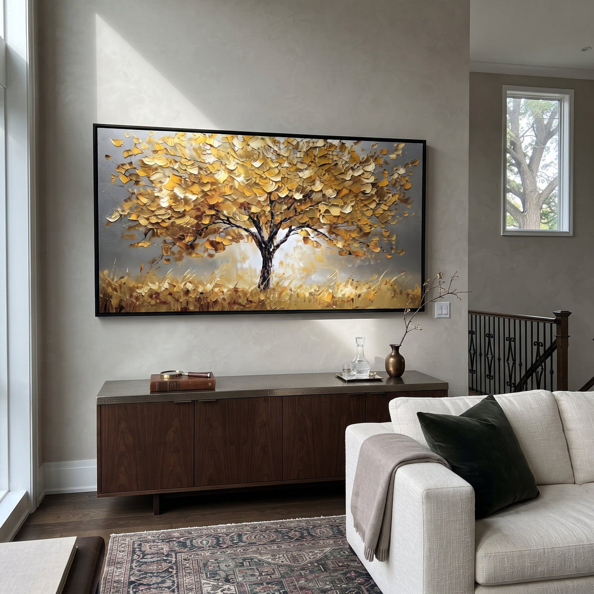 ARTWORK DETAILS Golden Solitary Tree Painting is built from the actual artwork image: single golden tree spreading across a warm gray field. The composition uses raised texture to separate tree trunks, leaf masses, ground movement, and soft background atmosphere, so the surface reads with real hand-painted depth from different viewing angles. The color direction is yellow, gray, beige, chosen to keep the autumn mood warm while still leaving enough pale air and cool contrast for modern interiors.