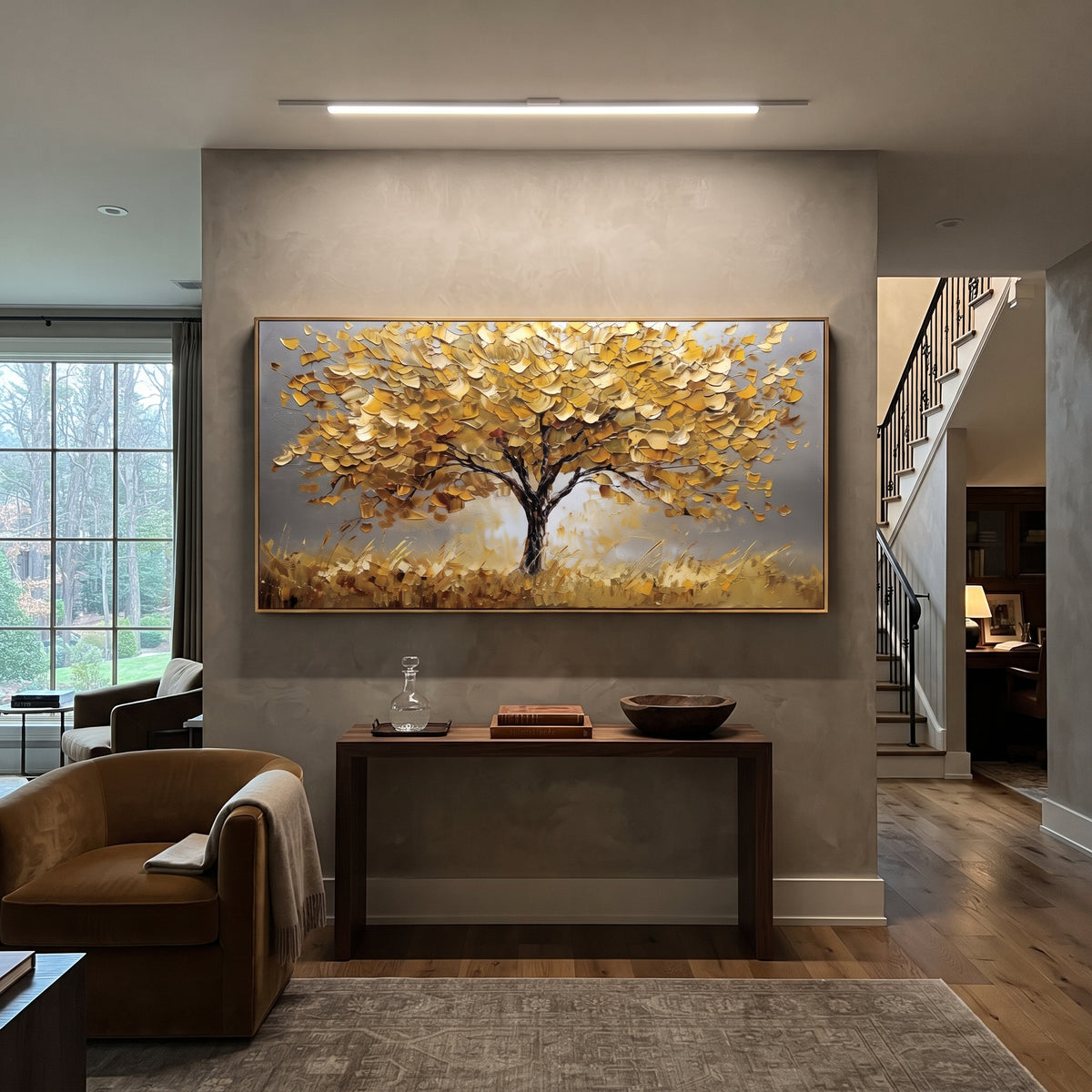 ARTWORK DETAILS Golden Solitary Tree Painting is built from the actual artwork image: single golden tree spreading across a warm gray field. The composition uses raised texture to separate tree trunks, leaf masses, ground movement, and soft background atmosphere, so the surface reads with real hand-painted depth from different viewing angles. The color direction is yellow, gray, beige, chosen to keep the autumn mood warm while still leaving enough pale air and cool contrast for modern interiors.