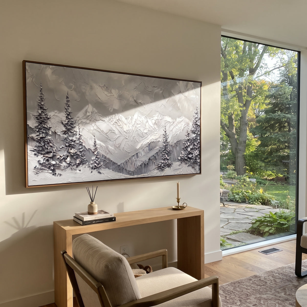 Silver Pine Snow Valley is written from the actual artwork image, focusing on silver pines framing a misty snow valley and distant white mountain wall. The visible composition is specific rather than generic: quiet silver pines, soft grey valley haze, and layered white mountain ridges receding behind the foreground trees. The wide horizontal layout controls how the eye travels through the scene, with the mountain mass, valley floor, tree line, water edge, or small figure details arranged to