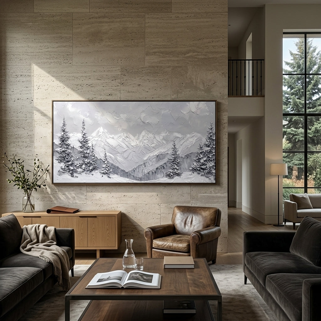 Silver Pine Snow Valley is written from the actual artwork image, focusing on silver pines framing a misty snow valley and distant white mountain wall. The visible composition is specific rather than generic: quiet silver pines, soft grey valley haze, and layered white mountain ridges receding behind the foreground trees. The wide horizontal layout controls how the eye travels through the scene, with the mountain mass, valley floor, tree line, water edge, or small figure details arranged to