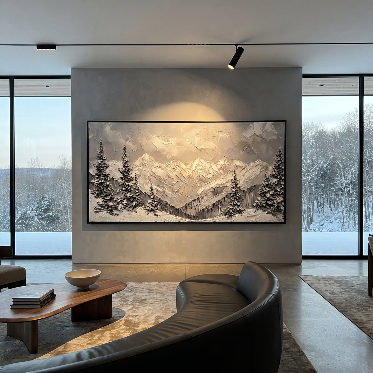 Silver Pine Snow Valley is written from the actual artwork image, focusing on silver pines framing a misty snow valley and distant white mountain wall. The visible composition is specific rather than generic: quiet silver pines, soft grey valley haze, and layered white mountain ridges receding behind the foreground trees. The wide horizontal layout controls how the eye travels through the scene, with the mountain mass, valley floor, tree line, water edge, or small figure details arranged to
