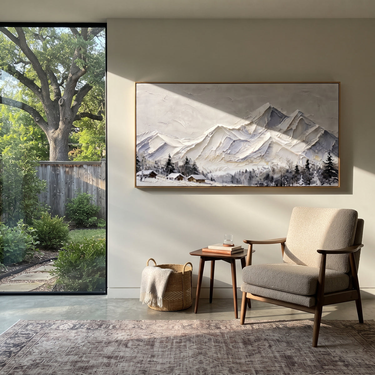 Folded White Summit Range is written from the actual artwork image, focusing on folded white summit range with crisp angular peaks and small dark cabins below. The visible composition is specific rather than generic: sharp folded ridges, pale beige sky, dark roof accents near the lower edge, and sculpted snow planes. The wide horizontal layout controls how the eye travels through the scene, with the mountain mass, valley floor, tree line, water edge, or small figure details arranged to create