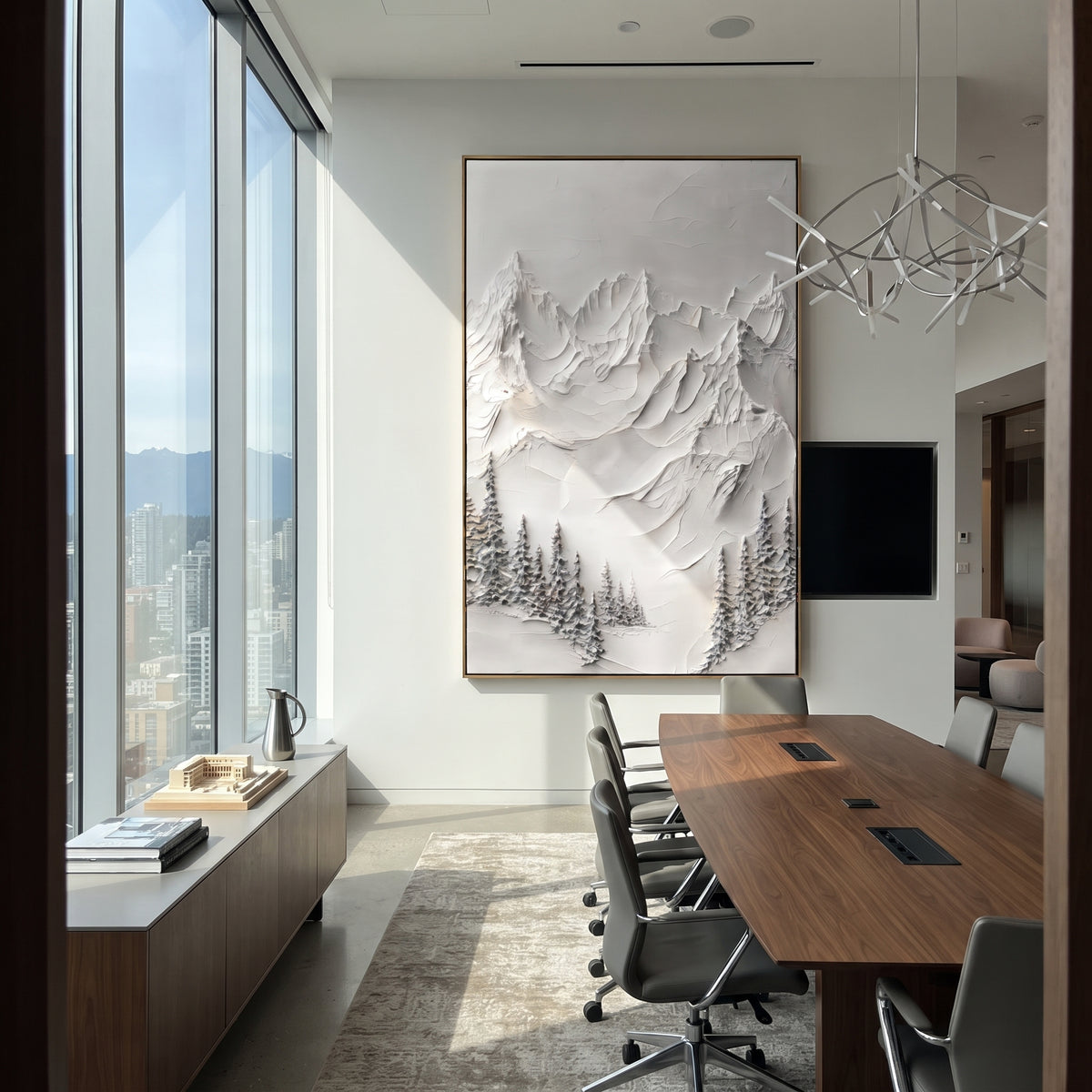 Tall White Cliff Pines is written from the actual artwork image, focusing on tall white cliff pines with steep raised faces and small forest at the base. The visible composition is specific rather than generic: steep vertical mountain faces, clustered firs near the lower edge, and creamy white impasto snow. The tall vertical layout controls how the eye travels through the scene, with the mountain mass, valley floor, tree line, water edge, or small figure details arranged to create depth across