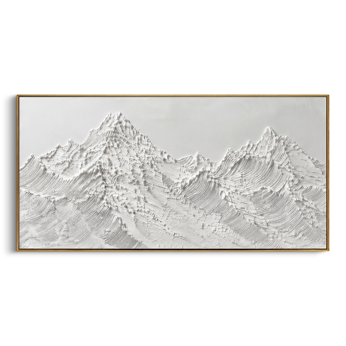 Twin Granite Snow Peaks is written from the actual artwork image, focusing on twin granite snow peaks with rugged dotted ridges and pale winter sky. The visible composition is specific rather than generic: two rugged summit groups, dotted palette-knife marks, and grey beige winter light. The wide horizontal layout controls how the eye travels through the scene, with the mountain mass, valley floor, tree line, water edge, or small figure details arranged to create depth across the canvas. Its