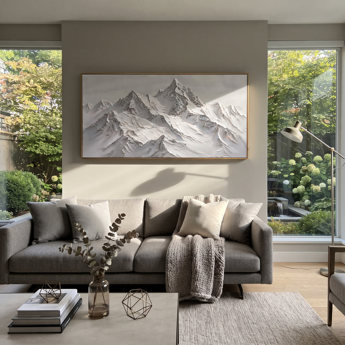 Layered Grey Alpine Crown is written from the actual artwork image, focusing on layered grey alpine crown with overlapping sharp ridges and deep snow cuts. The visible composition is specific rather than generic: overlapping triangular ridges, grey shadows inside the snow cuts, and a broad crown-like profile. The wide horizontal layout controls how the eye travels through the scene, with the mountain mass, valley floor, tree line, water edge, or small figure details arranged to create depth