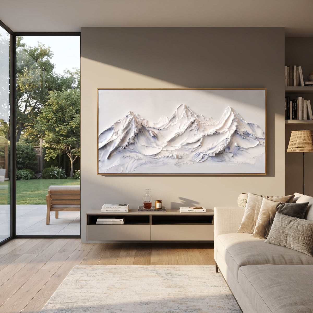 Creamy White Ridge Chain is written from the actual artwork image, focusing on creamy white ridge chain with rolling raised peaks and soft blue creases. The visible composition is specific rather than generic: rounded white mountain folds, pale cream ground, and blue crease shadows between the peaks. The wide horizontal layout controls how the eye travels through the scene, with the mountain mass, valley floor, tree line, water edge, or small figure details arranged to create depth across the