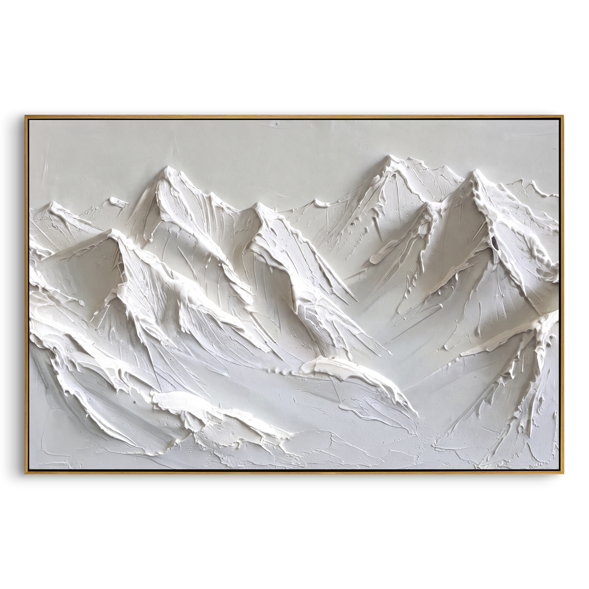 Close White Summit Wall is written from the actual artwork image, focusing on close white summit wall with bold knife-carved peaks and vertical snow channels. The visible composition is specific rather than generic: large foreground peaks, deep vertical snow channels, and a tightly framed wall of alpine texture. The balanced horizontal layout controls how the eye travels through the scene, with the mountain mass, valley floor, tree line, water edge, or small figure details arranged to create