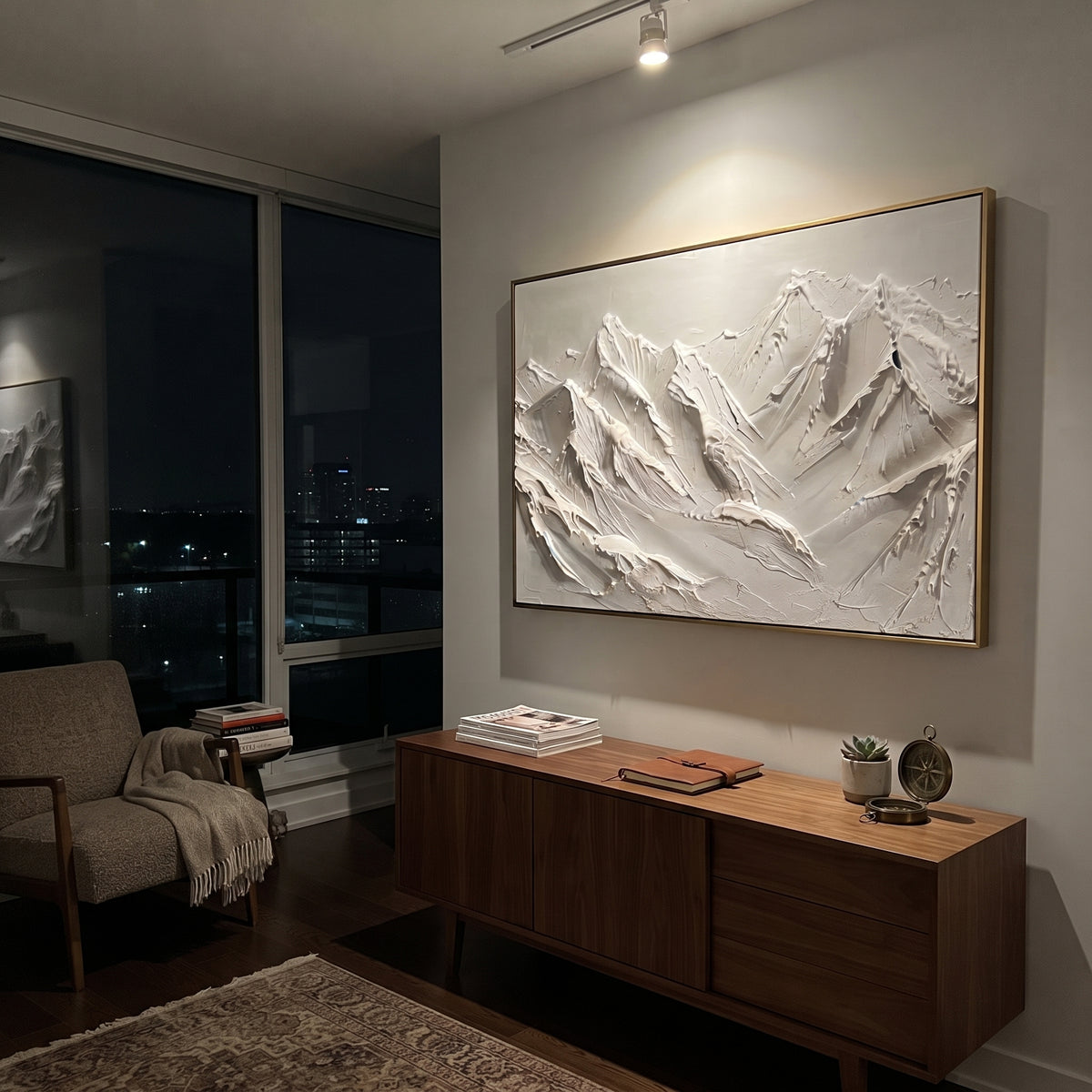 Close White Summit Wall is written from the actual artwork image, focusing on close white summit wall with bold knife-carved peaks and vertical snow channels. The visible composition is specific rather than generic: large foreground peaks, deep vertical snow channels, and a tightly framed wall of alpine texture. The balanced horizontal layout controls how the eye travels through the scene, with the mountain mass, valley floor, tree line, water edge, or small figure details arranged to create
