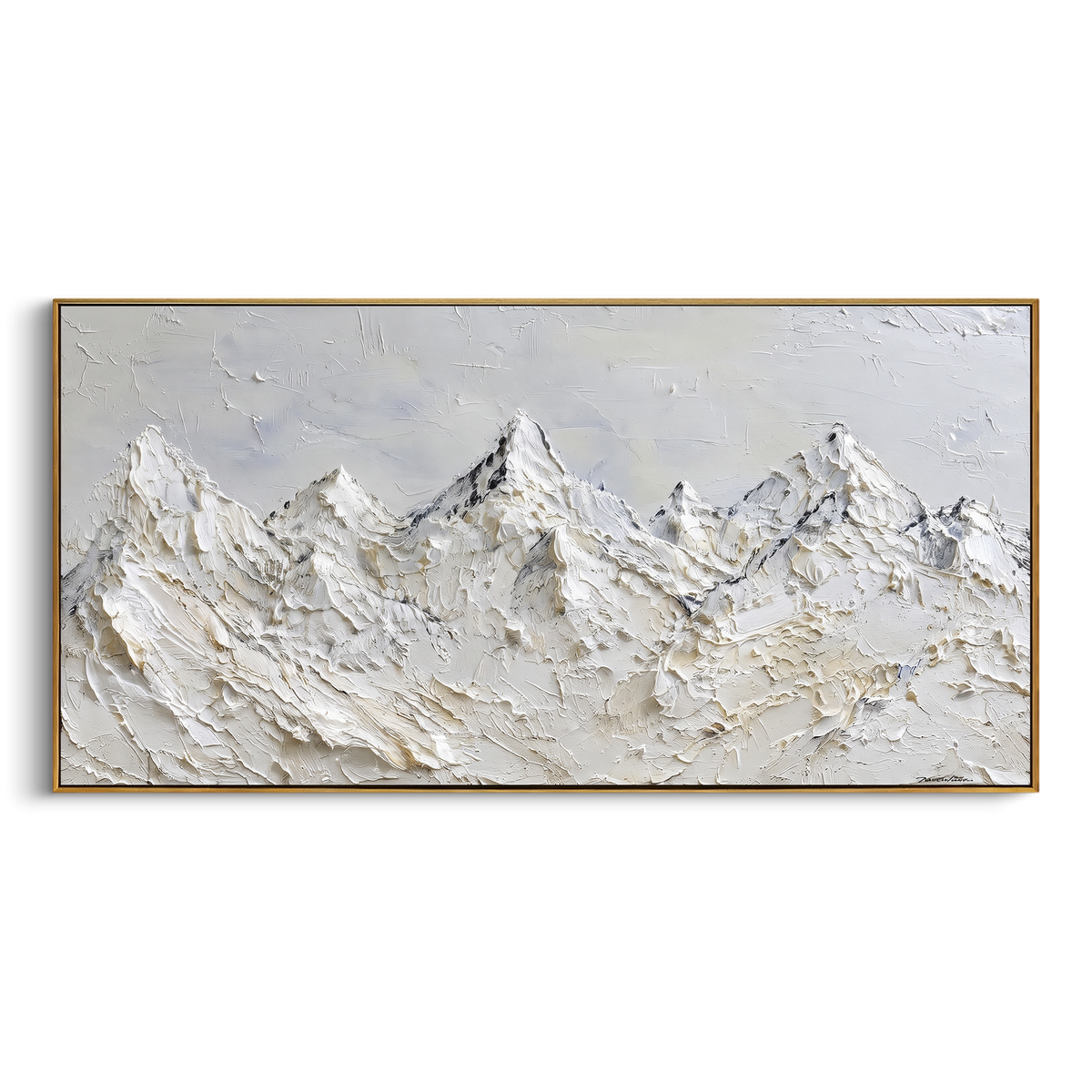Beige Snow Ridge Cluster is written from the actual artwork image, focusing on beige snow ridge cluster with many small peaks and warm mineral undertones. The visible composition is specific rather than generic: many small ridge points, warm beige undertones, and chipped impasto edges across the mountain band. The wide horizontal layout controls how the eye travels through the scene, with the mountain mass, valley floor, tree line, water edge, or small figure details arranged to create depth