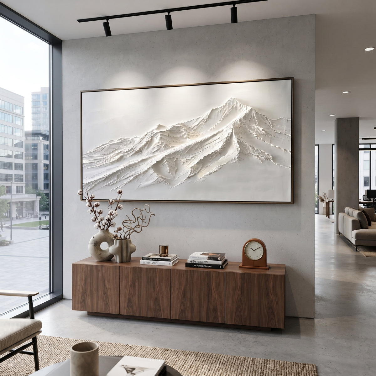 Sweeping White Drift Peak is written from the actual artwork image, focusing on sweeping white drift peak with long wind-shaped ridges and a calm open sky. The visible composition is specific rather than generic: long wind-smoothed ridges, one low summit mass, and an open pale sky above the snow. The wide horizontal layout controls how the eye travels through the scene, with the mountain mass, valley floor, tree line, water edge, or small figure details arranged to create depth across the