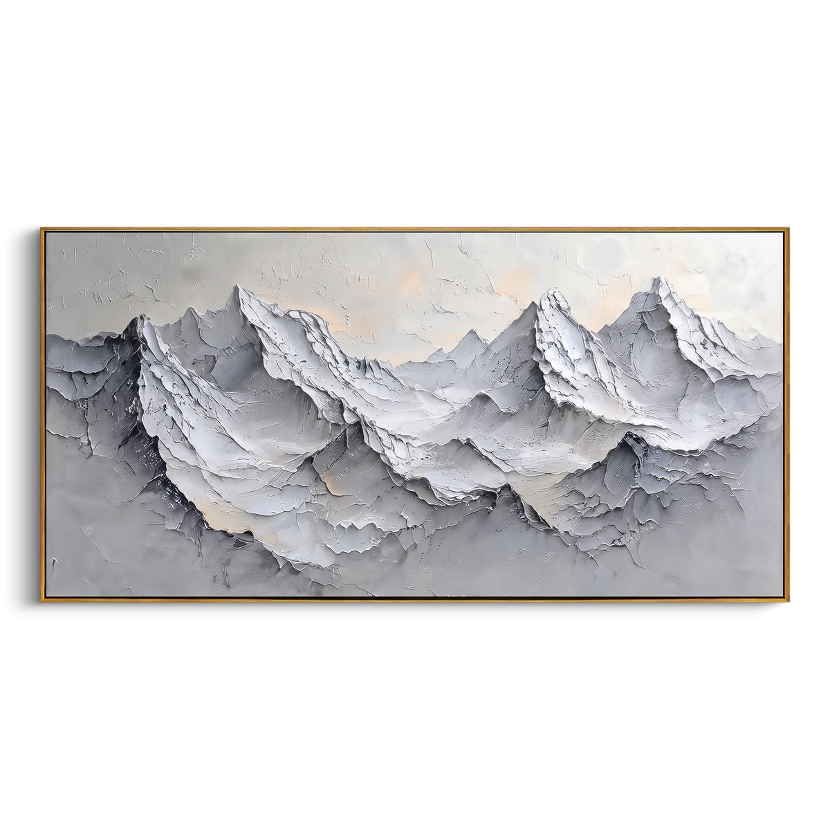 Dusky Grey Peak Wall is written from the actual artwork image, focusing on dusky grey peak wall with serrated ridges and peach-toned winter light. The visible composition is specific rather than generic: serrated grey peaks, peach beige light in the sky, and deep sculpted ledges. The wide horizontal layout controls how the eye travels through the scene, with the mountain mass, valley floor, tree line, water edge, or small figure details arranged to create depth across the canvas. Its white