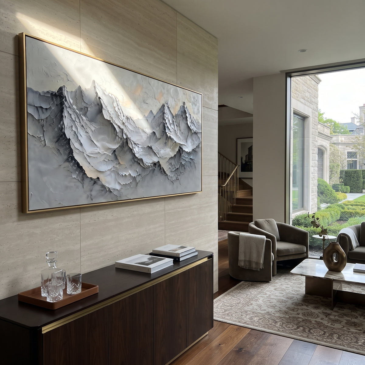 Dusky Grey Peak Wall is written from the actual artwork image, focusing on dusky grey peak wall with serrated ridges and peach-toned winter light. The visible composition is specific rather than generic: serrated grey peaks, peach beige light in the sky, and deep sculpted ledges. The wide horizontal layout controls how the eye travels through the scene, with the mountain mass, valley floor, tree line, water edge, or small figure details arranged to create depth across the canvas. Its white