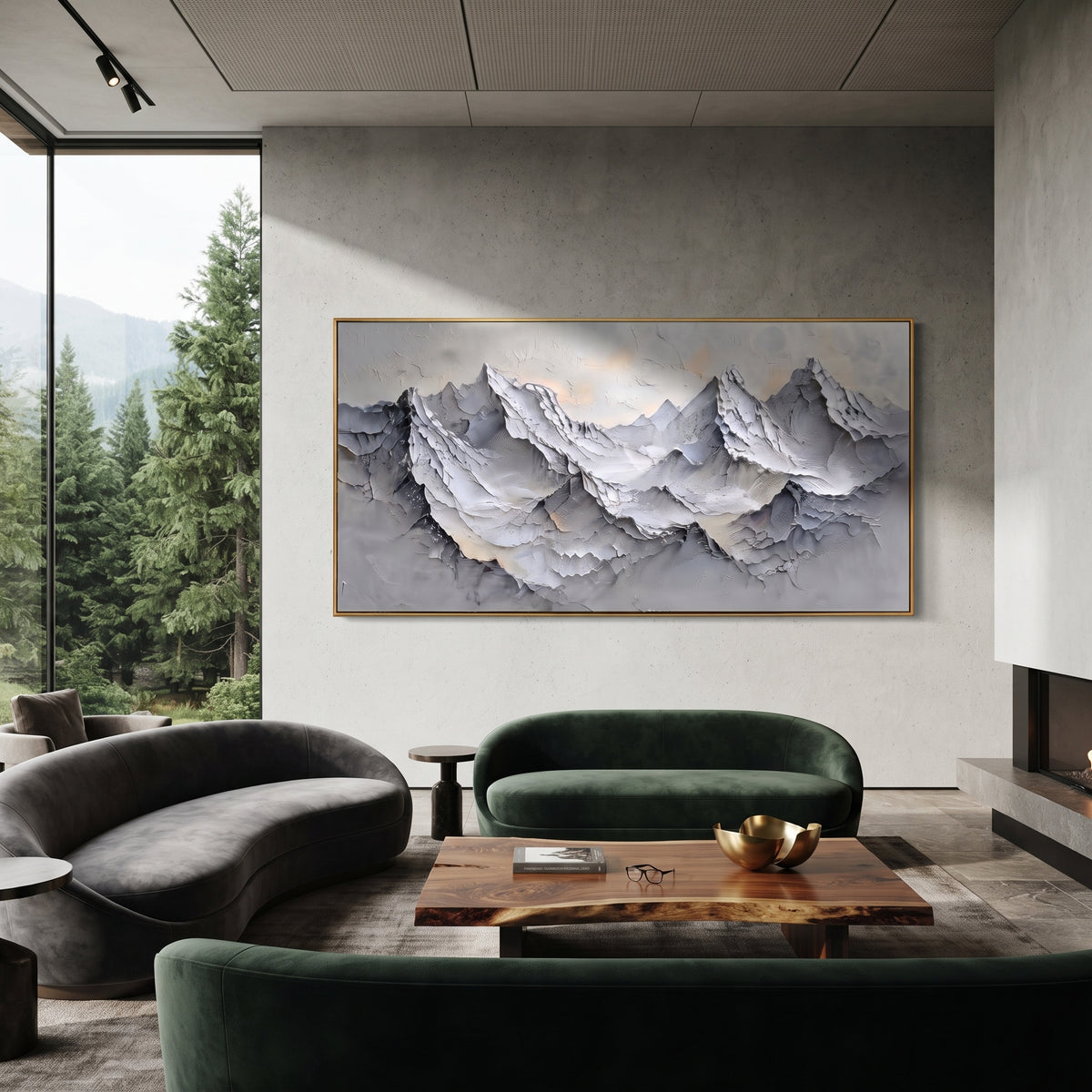 Dusky Grey Peak Wall is written from the actual artwork image, focusing on dusky grey peak wall with serrated ridges and peach-toned winter light. The visible composition is specific rather than generic: serrated grey peaks, peach beige light in the sky, and deep sculpted ledges. The wide horizontal layout controls how the eye travels through the scene, with the mountain mass, valley floor, tree line, water edge, or small figure details arranged to create depth across the canvas. Its white