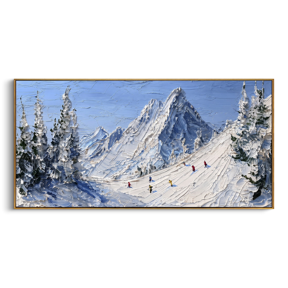 Blue Ski Trail Mountain is written from the actual artwork image, focusing on blue ski trail mountain with tiny slope figures moving between snowy firs. The visible composition is specific rather than generic: a bright blue sky, dark pine borders, a high mountain slope, and tiny skiers crossing the snow. The wide horizontal layout controls how the eye travels through the scene, with the mountain mass, valley floor, tree line, water edge, or small figure details arranged to create depth across