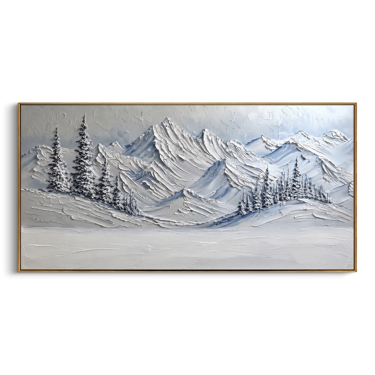 Pine Meadow Alpine Range is written from the actual artwork image, focusing on pine meadow alpine range with fir clusters and layered blue mountain ridges. The visible composition is specific rather than generic: foreground fir clusters, a snowy meadow sweep, layered mountain ridges, and cool blue grey shadows. The wide horizontal layout controls how the eye travels through the scene, with the mountain mass, valley floor, tree line, water edge, or small figure details arranged to create depth