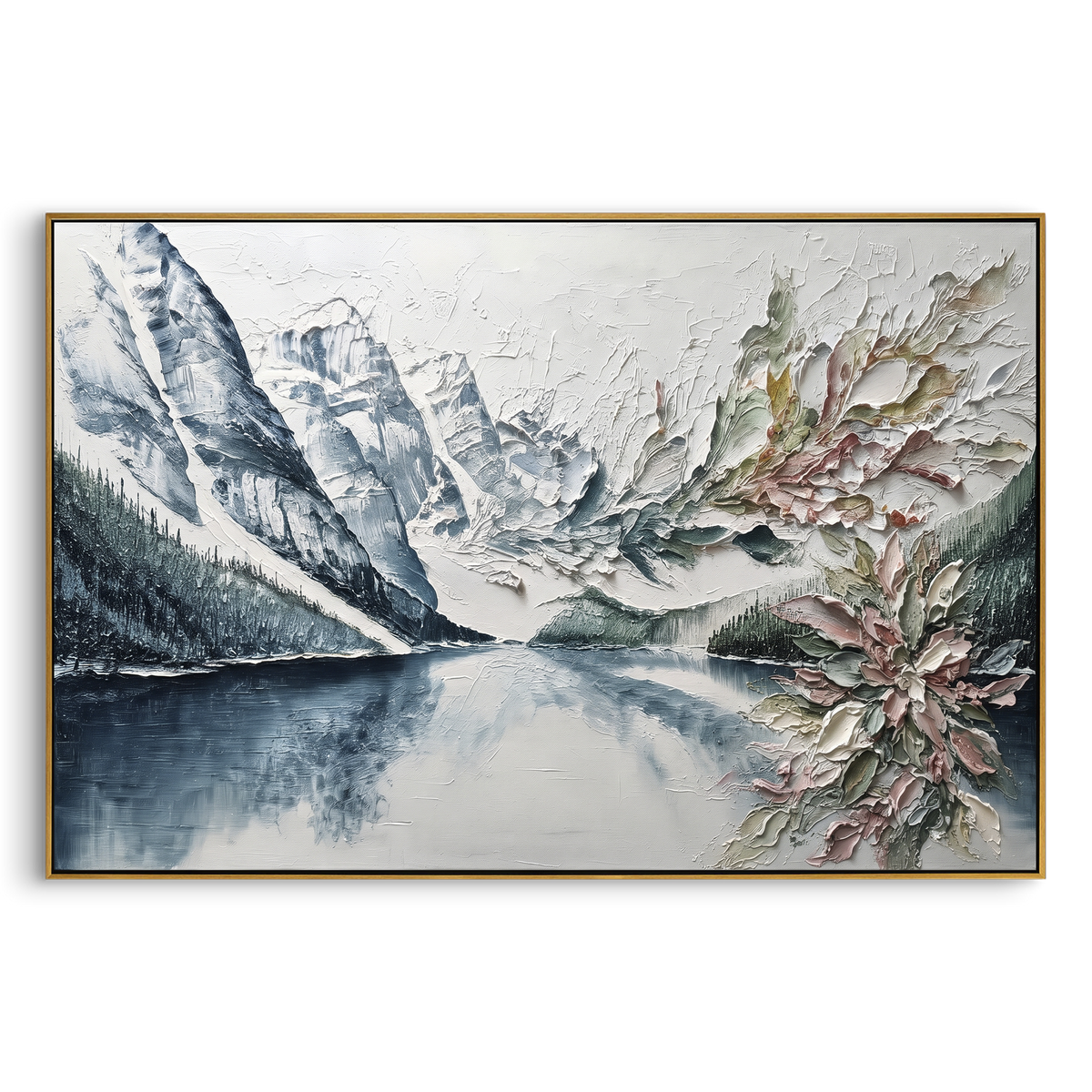 Icy Lake Botanical Mountain is written from the actual artwork image, focusing on icy lake botanical mountain with blue cliffs and muted rose leaf forms. The visible composition is specific rather than generic: glacial cliffs, still lake reflection, evergreen slopes, and muted botanical forms along the right edge. The balanced horizontal layout controls how the eye travels through the scene, with the mountain mass, valley floor, tree line, water edge, or small figure details arranged to create