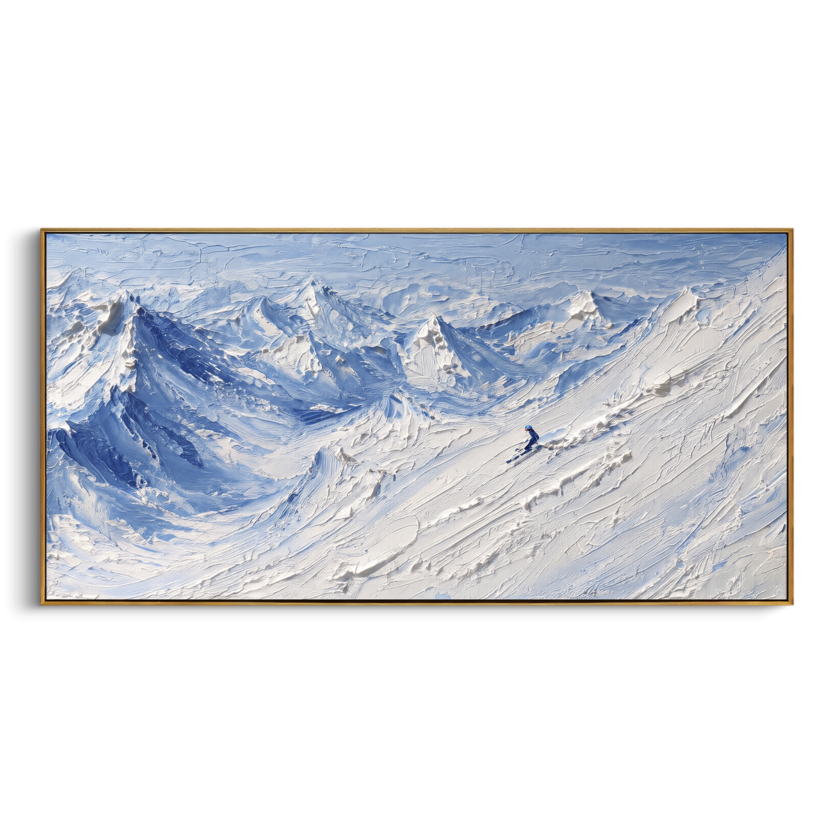 Blue Wind Snow Basin is written from the actual artwork image, focusing on blue wind snow basin with curving mountain folds and open sky strokes. The visible composition is specific rather than generic: curving blue snow folds, distant peaks, and moving sky strokes over a wide basin. The wide horizontal layout controls how the eye travels through the scene, with the mountain mass, valley floor, tree line, water edge, or small figure details arranged to create depth across the canvas. Its white
