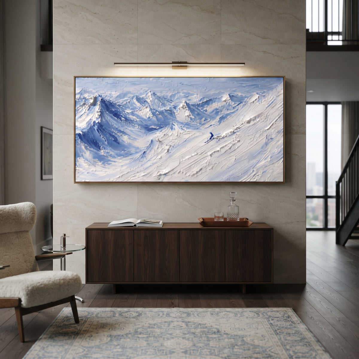 Blue Wind Snow Basin is written from the actual artwork image, focusing on blue wind snow basin with curving mountain folds and open sky strokes. The visible composition is specific rather than generic: curving blue snow folds, distant peaks, and moving sky strokes over a wide basin. The wide horizontal layout controls how the eye travels through the scene, with the mountain mass, valley floor, tree line, water edge, or small figure details arranged to create depth across the canvas. Its white