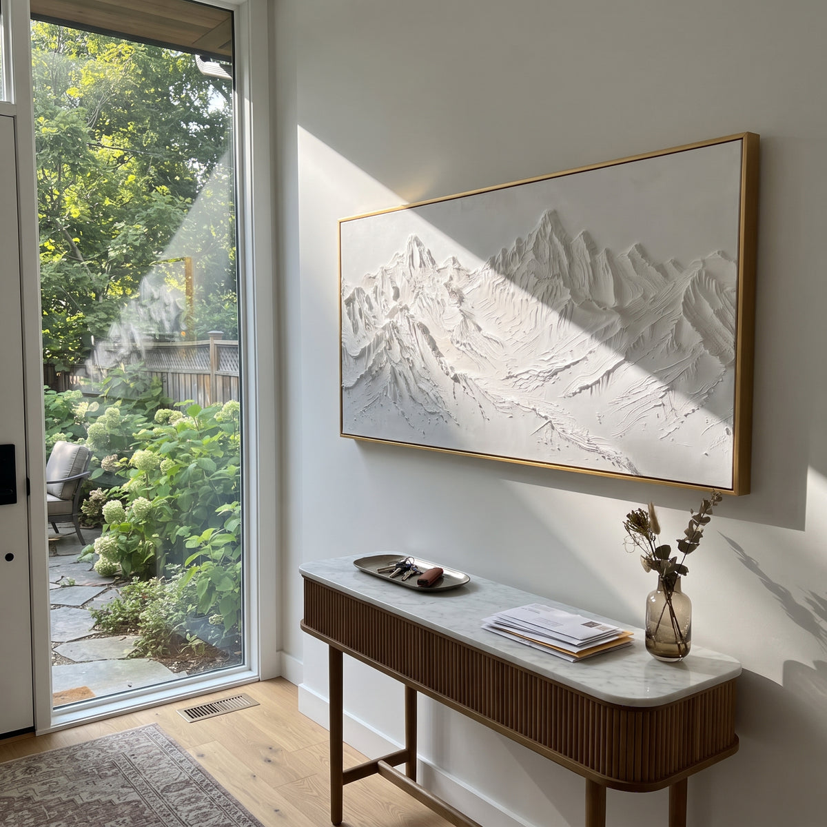 Soft White Mountain Shelf is written from the actual artwork image, focusing on soft white mountain shelf with repeating ridge waves and a narrow shadowed valley. The visible composition is specific rather than generic: repeating shelf-like snow ridges, small valley shadows, and a calm sculpted surface. The wide horizontal layout controls how the eye travels through the scene, with the mountain mass, valley floor, tree line, water edge, or small figure details arranged to create depth across the