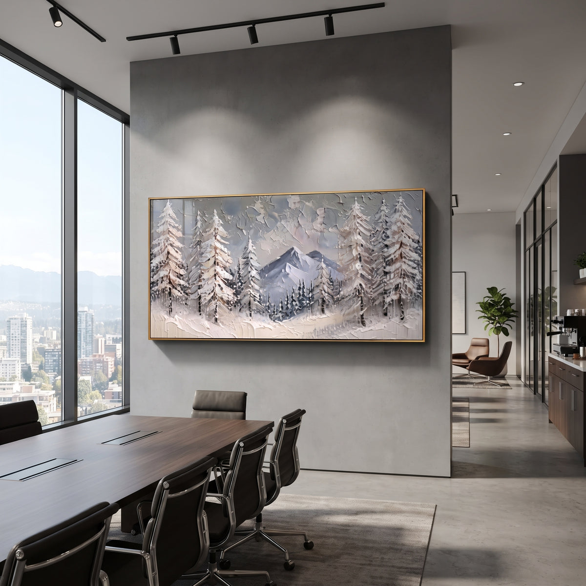 Winter Fir Window Mountain is written from the actual artwork image, focusing on winter fir window mountain with trees framing a blue distant peak. The visible composition is specific rather than generic: foreground snow-laden firs, a framed central mountain, cool blue shadows, and pale winter atmosphere. The wide horizontal layout controls how the eye travels through the scene, with the mountain mass, valley floor, tree line, water edge, or small figure details arranged to create depth across