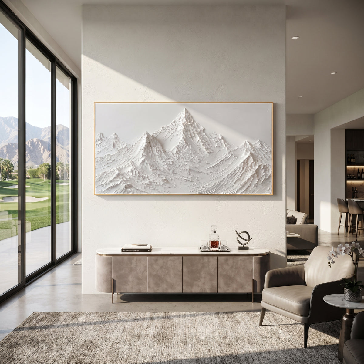 Pointed White Summit Relief is written from the actual artwork image, focusing on pointed white summit relief with a central peak and crisp flanking ridges. The visible composition is specific rather than generic: a clear central pointed summit, crisp side ridges, and minimal off-white background space. The wide horizontal layout controls how the eye travels through the scene, with the mountain mass, valley floor, tree line, water edge, or small figure details arranged to create depth across the