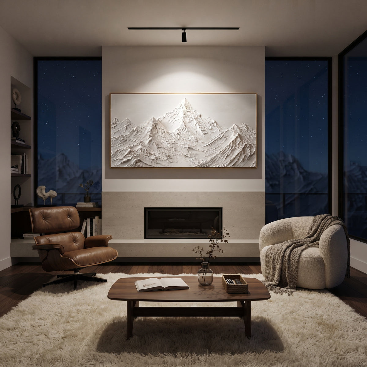 Pointed White Summit Relief is written from the actual artwork image, focusing on pointed white summit relief with a central peak and crisp flanking ridges. The visible composition is specific rather than generic: a clear central pointed summit, crisp side ridges, and minimal off-white background space. The wide horizontal layout controls how the eye travels through the scene, with the mountain mass, valley floor, tree line, water edge, or small figure details arranged to create depth across the