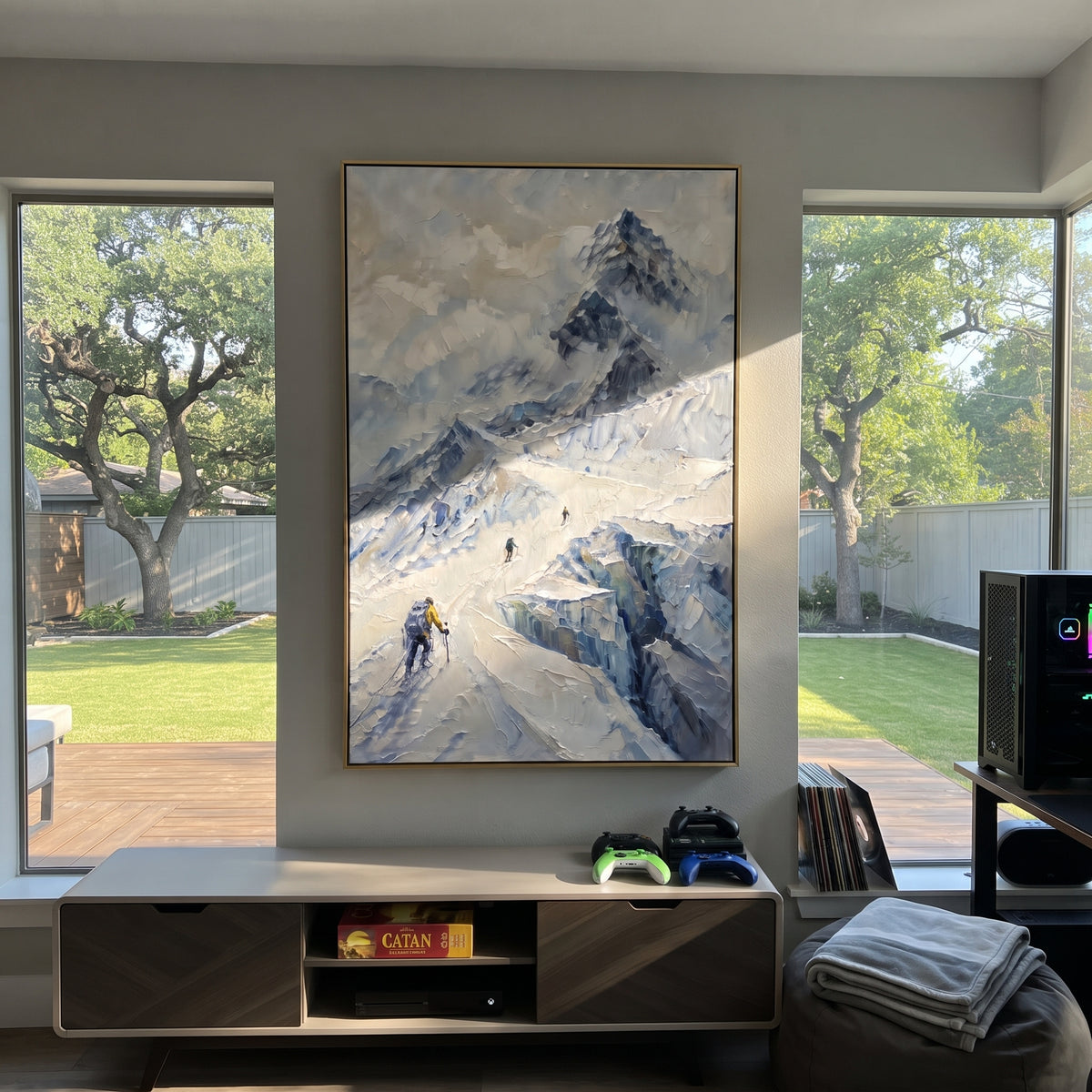 Ice Blue Descent Mountain is written from the actual artwork image, focusing on ice blue descent mountain with hikers crossing a steep snowy passage. The visible composition is specific rather than generic: blue-grey high altitude slopes, small hiking figures, descending paths, and broken glacier-like planes. The tall vertical layout controls how the eye travels through the scene, with the mountain mass, valley floor, tree line, water edge, or small figure details arranged to create depth across