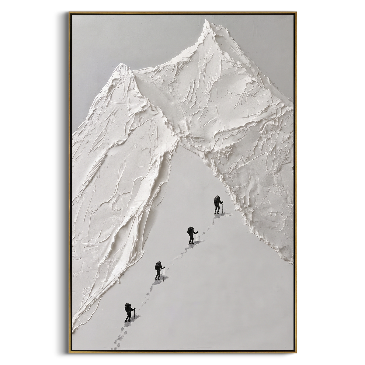 Summit Ascent Figure Trail is written from the actual artwork image, focusing on summit ascent figure trail with black climbers on a clean white mountain face. The visible composition is specific rather than generic: tiny black climbers, a narrow ascent line, steep white planes, and a quiet open lower field. The tall vertical layout controls how the eye travels through the scene, with the mountain mass, valley floor, tree line, water edge, or small figure details arranged to create depth across