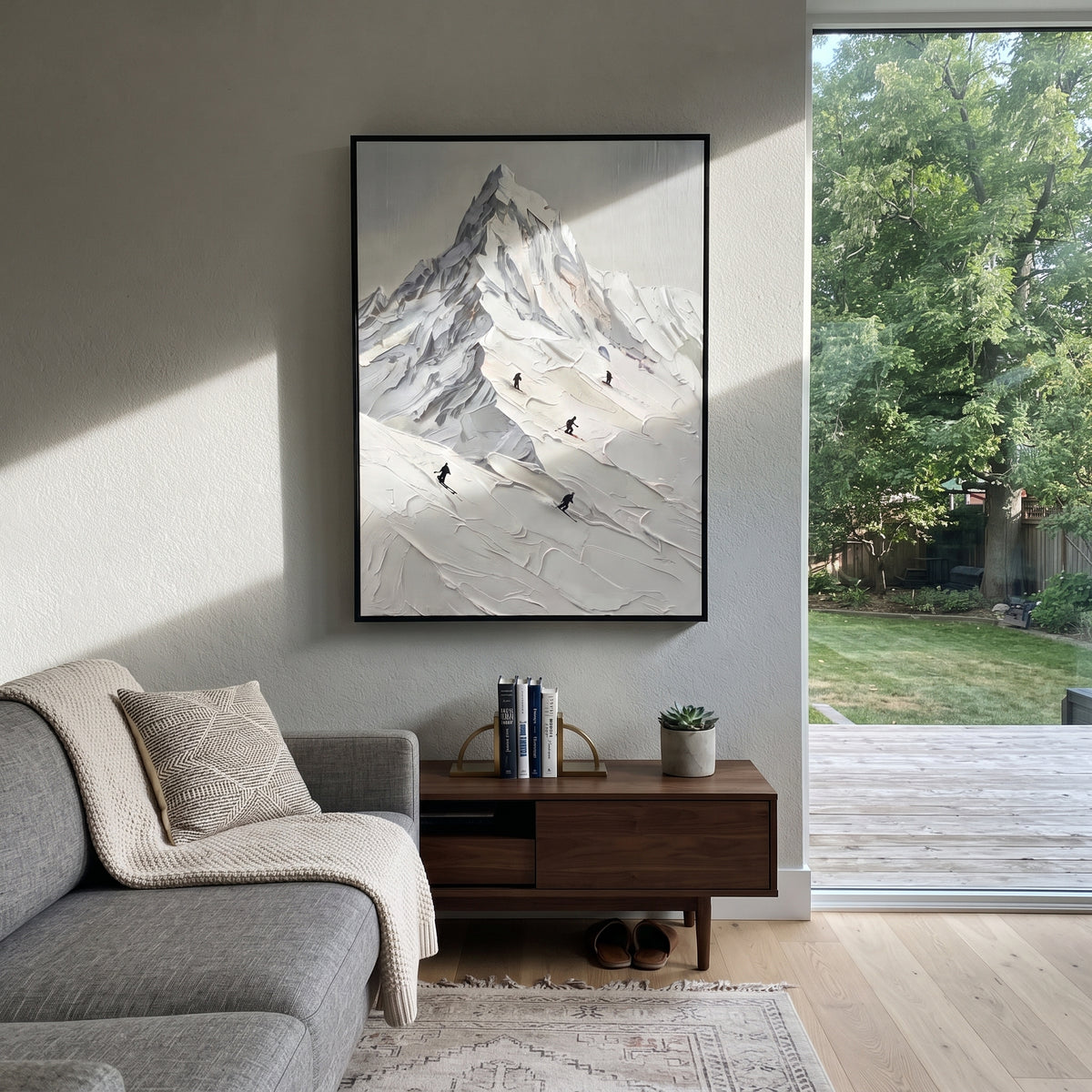 Skier Trail White Peak is written from the actual artwork image, focusing on skier trail white peak with black figures descending beneath a sharp summit. The visible composition is specific rather than generic: a sharp central peak, diagonal skier trail, small black figures, and smooth sculpted snowfields. The tall vertical layout controls how the eye travels through the scene, with the mountain mass, valley floor, tree line, water edge, or small figure details arranged to create depth across