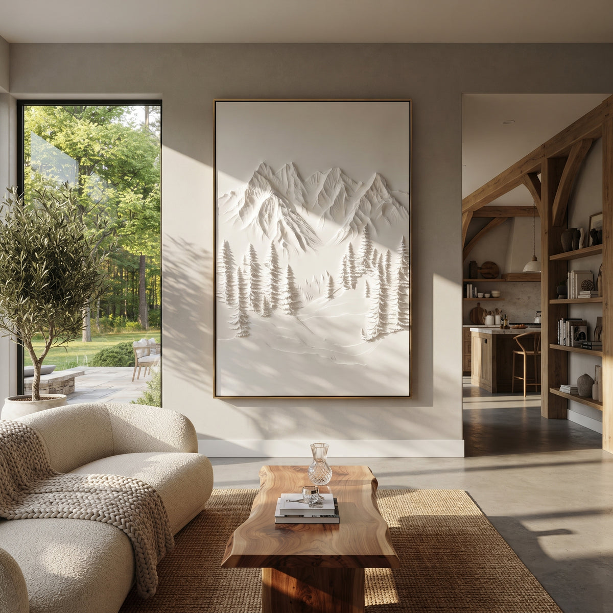 Quiet White Fir Bowl is written from the actual artwork image, focusing on quiet white fir bowl with soft mountains and frosted trees in a recessed valley. The visible composition is specific rather than generic: a calm recessed mountain bowl, frosted fir groups, and white plaster-like snow banks. The tall vertical layout controls how the eye travels through the scene, with the mountain mass, valley floor, tree line, water edge, or small figure details arranged to create depth across the canvas.