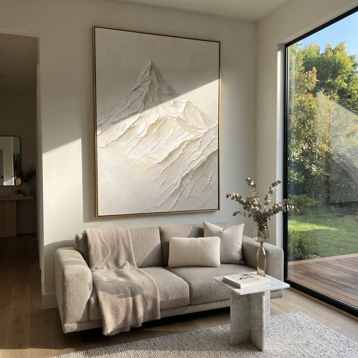 Single White Peak Study is written from the actual artwork image, focusing on single white peak study with minimal background and folded descending ridges. The visible composition is specific rather than generic: one pointed summit, folded descending ridges, and a clean minimal off-white field. The tall vertical layout controls how the eye travels through the scene, with the mountain mass, valley floor, tree line, water edge, or small figure details arranged to create depth across the canvas.