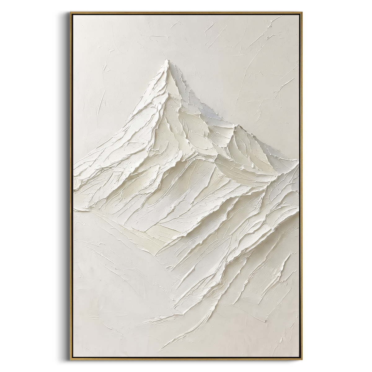 Single White Peak Study is written from the actual artwork image, focusing on single white peak study with minimal background and folded descending ridges. The visible composition is specific rather than generic: one pointed summit, folded descending ridges, and a clean minimal off-white field. The tall vertical layout controls how the eye travels through the scene, with the mountain mass, valley floor, tree line, water edge, or small figure details arranged to create depth across the canvas.