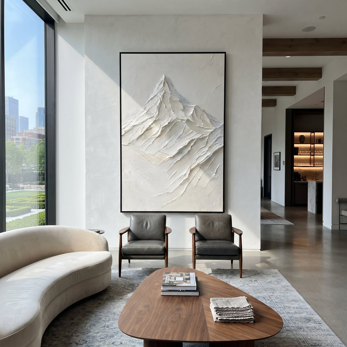 Single White Peak Study is written from the actual artwork image, focusing on single white peak study with minimal background and folded descending ridges. The visible composition is specific rather than generic: one pointed summit, folded descending ridges, and a clean minimal off-white field. The tall vertical layout controls how the eye travels through the scene, with the mountain mass, valley floor, tree line, water edge, or small figure details arranged to create depth across the canvas.
