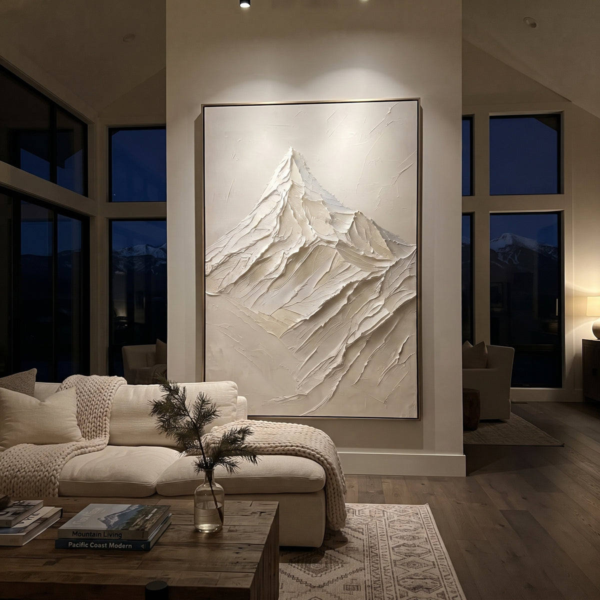 Single White Peak Study is written from the actual artwork image, focusing on single white peak study with minimal background and folded descending ridges. The visible composition is specific rather than generic: one pointed summit, folded descending ridges, and a clean minimal off-white field. The tall vertical layout controls how the eye travels through the scene, with the mountain mass, valley floor, tree line, water edge, or small figure details arranged to create depth across the canvas.