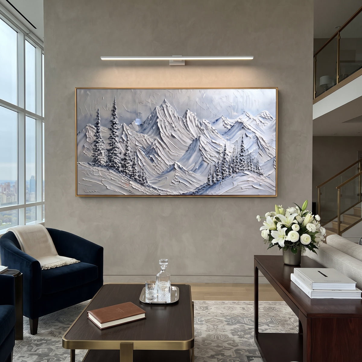 Blue Fir Mountain Range is written from the actual artwork image, focusing on blue fir mountain range with snow-dusted pines and icy ridge layers. The visible composition is specific rather than generic: snow-dusted pines, icy blue ridge layers, and a cool grey winter sky. The wide horizontal layout controls how the eye travels through the scene, with the mountain mass, valley floor, tree line, water edge, or small figure details arranged to create depth across the canvas. Its white, blue, gray