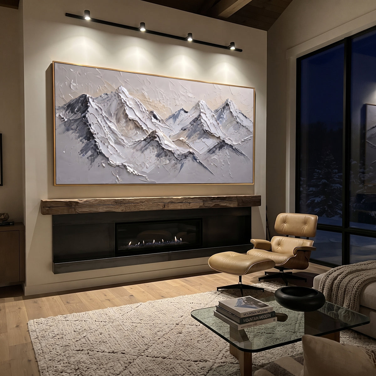 Charcoal Shadow Alpine Peaks is written from the actual artwork image, focusing on charcoal shadow alpine peaks with dark cuts under layered white summits. The visible composition is specific rather than generic: dark charcoal valleys, layered white summits, and jagged brush-cut mountain edges. The wide horizontal layout controls how the eye travels through the scene, with the mountain mass, valley floor, tree line, water edge, or small figure details arranged to create depth across the canvas.