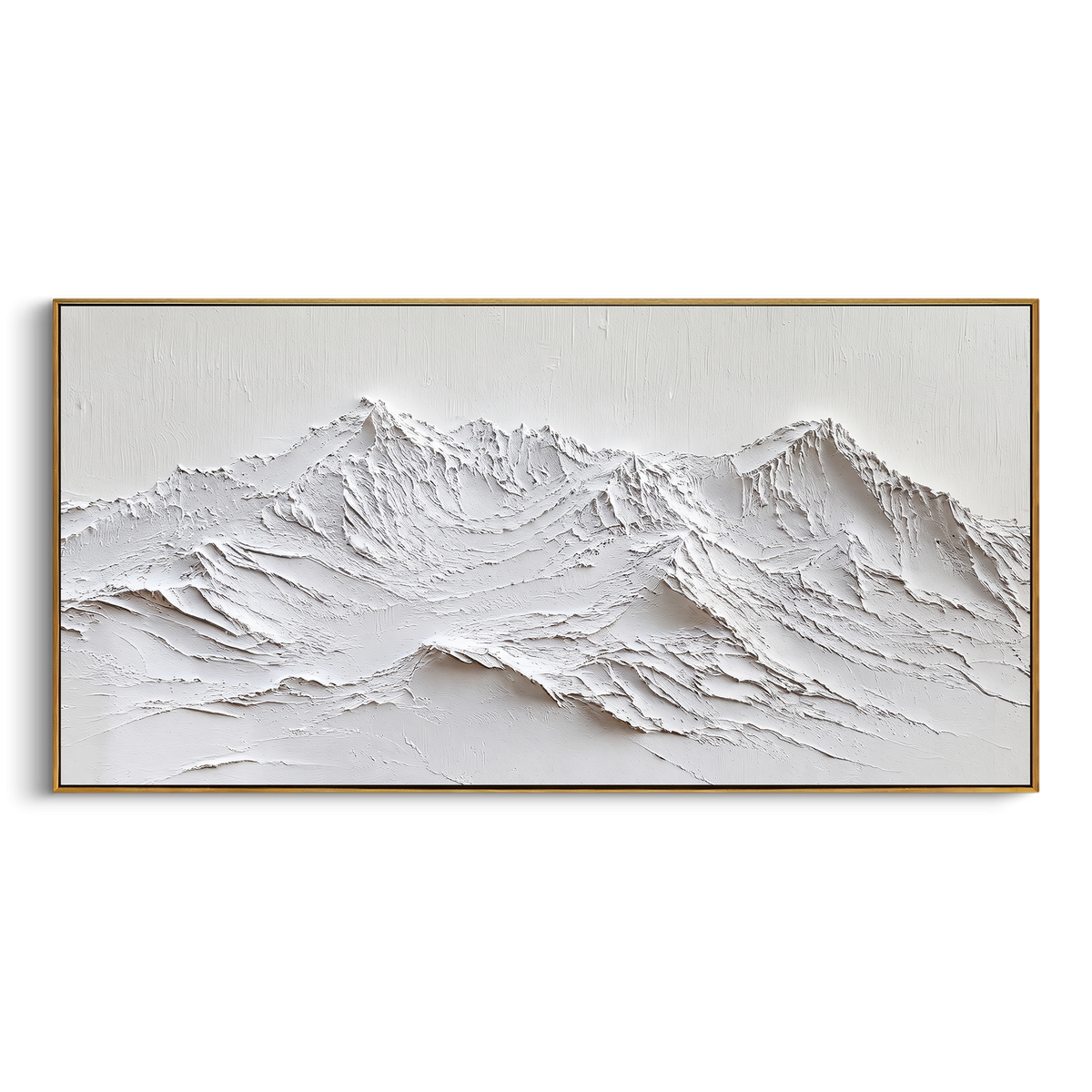 Long White Ridge Relief is written from the actual artwork image, focusing on long white ridge relief with fine carved lines and a low continuous mountain chain. The visible composition is specific rather than generic: fine carved ridgelines, a low continuous mountain chain, and restrained white relief texture. The wide horizontal layout controls how the eye travels through the scene, with the mountain mass, valley floor, tree line, water edge, or small figure details arranged to create depth