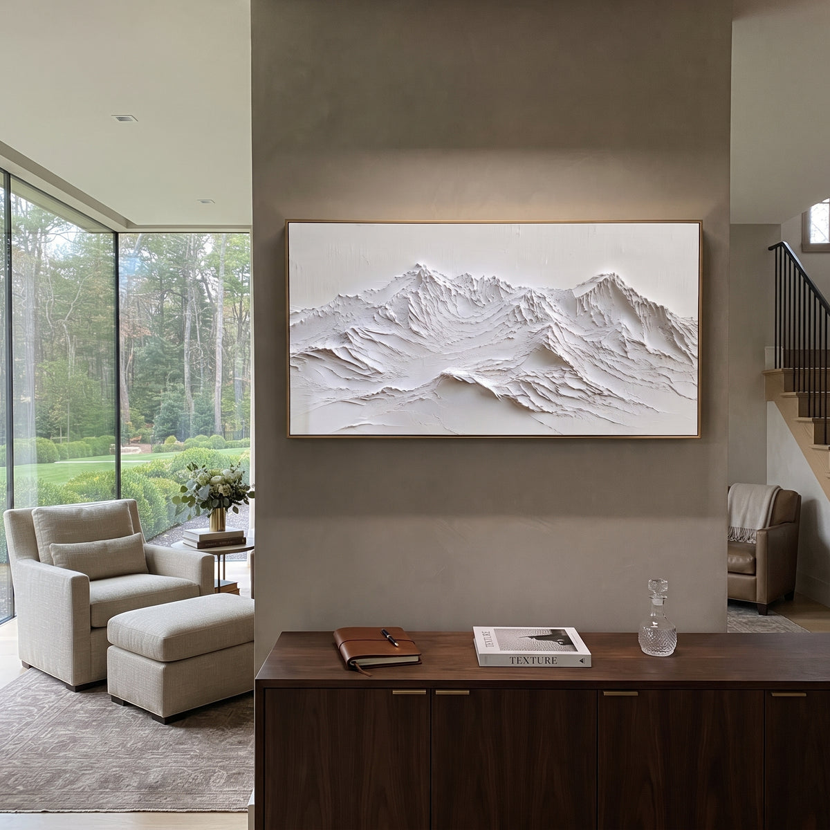 Long White Ridge Relief is written from the actual artwork image, focusing on long white ridge relief with fine carved lines and a low continuous mountain chain. The visible composition is specific rather than generic: fine carved ridgelines, a low continuous mountain chain, and restrained white relief texture. The wide horizontal layout controls how the eye travels through the scene, with the mountain mass, valley floor, tree line, water edge, or small figure details arranged to create depth