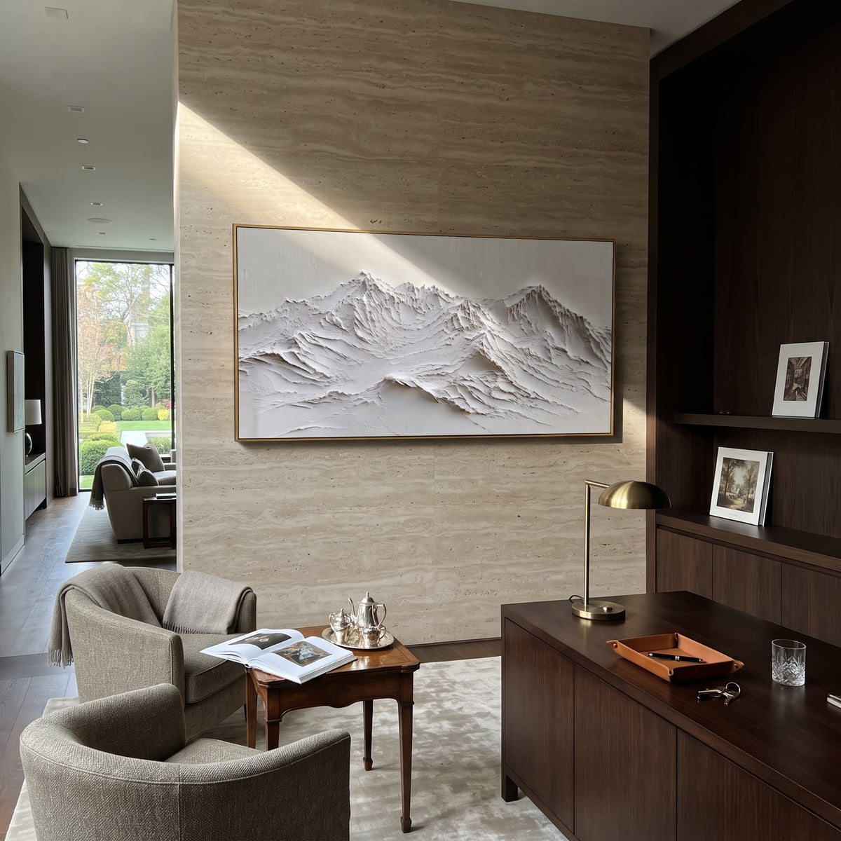 Long White Ridge Relief is written from the actual artwork image, focusing on long white ridge relief with fine carved lines and a low continuous mountain chain. The visible composition is specific rather than generic: fine carved ridgelines, a low continuous mountain chain, and restrained white relief texture. The wide horizontal layout controls how the eye travels through the scene, with the mountain mass, valley floor, tree line, water edge, or small figure details arranged to create depth