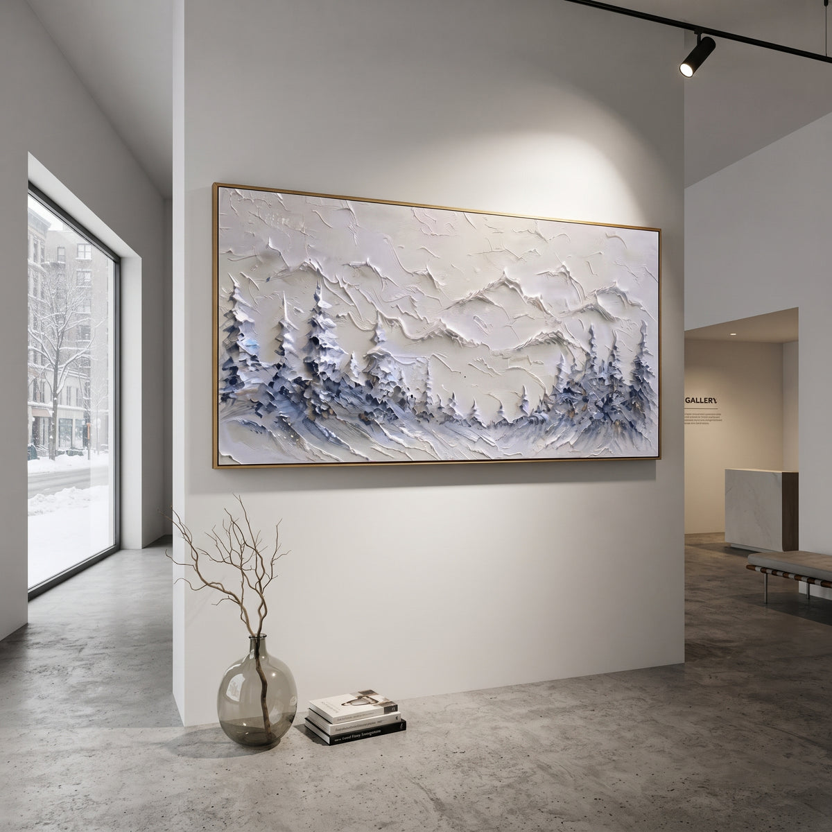 Blue Pine Snow Ridge is written from the actual artwork image, focusing on blue pine snow ridge with frosted forest foreground and pale mountain silhouettes. The visible composition is specific rather than generic: blue frosted pines, pale mountain silhouettes, and a soft snowy foreground. The wide horizontal layout controls how the eye travels through the scene, with the mountain mass, valley floor, tree line, water edge, or small figure details arranged to create depth across the canvas. Its