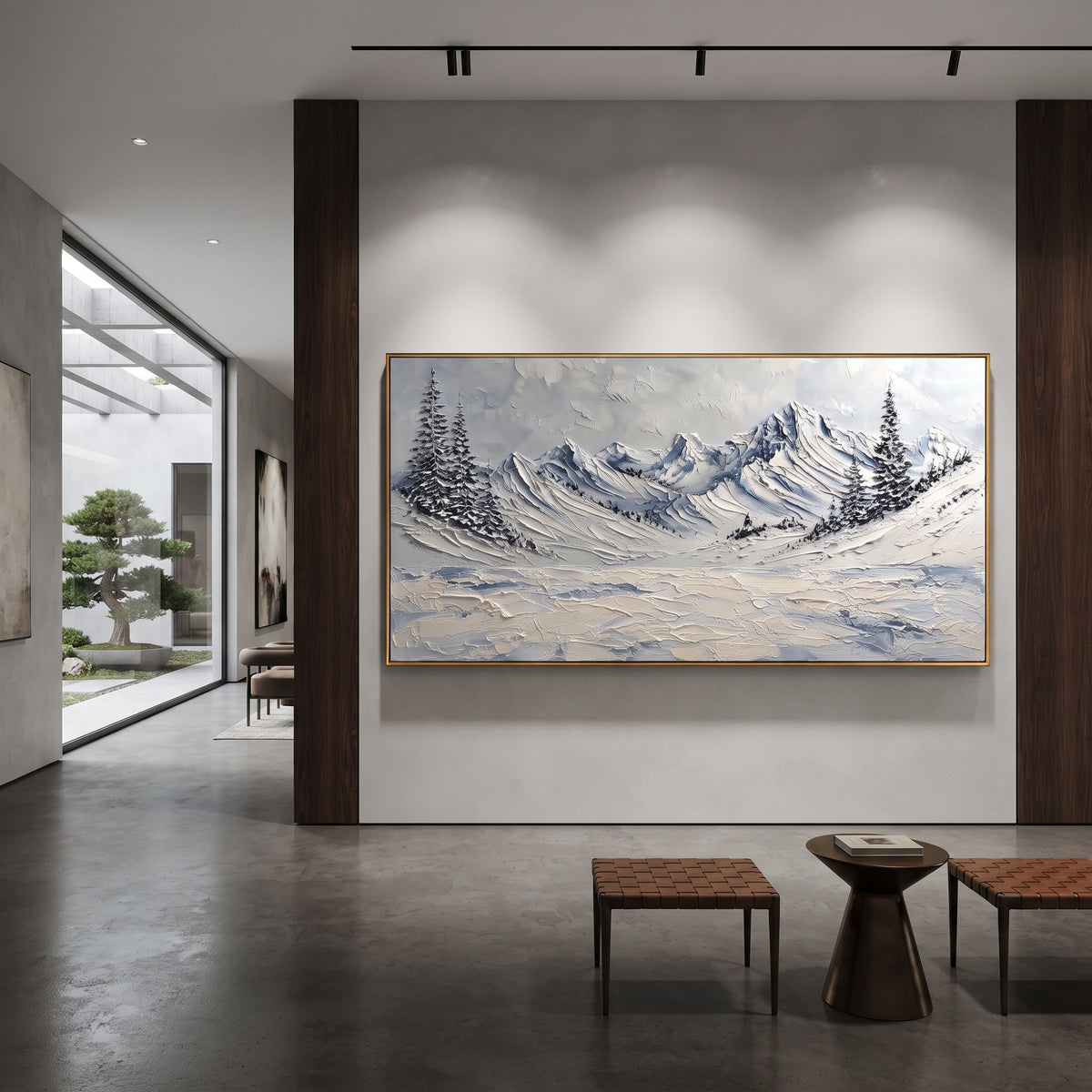 Cold Lake Mountain Bowl is written from the actual artwork image, focusing on cold lake mountain bowl with blue water strokes and pine-edged slopes. The visible composition is specific rather than generic: blue lake-like strokes, pine-edged slopes, and a curved snowy mountain bowl. The wide horizontal layout controls how the eye travels through the scene, with the mountain mass, valley floor, tree line, water edge, or small figure details arranged to create depth across the canvas. Its white