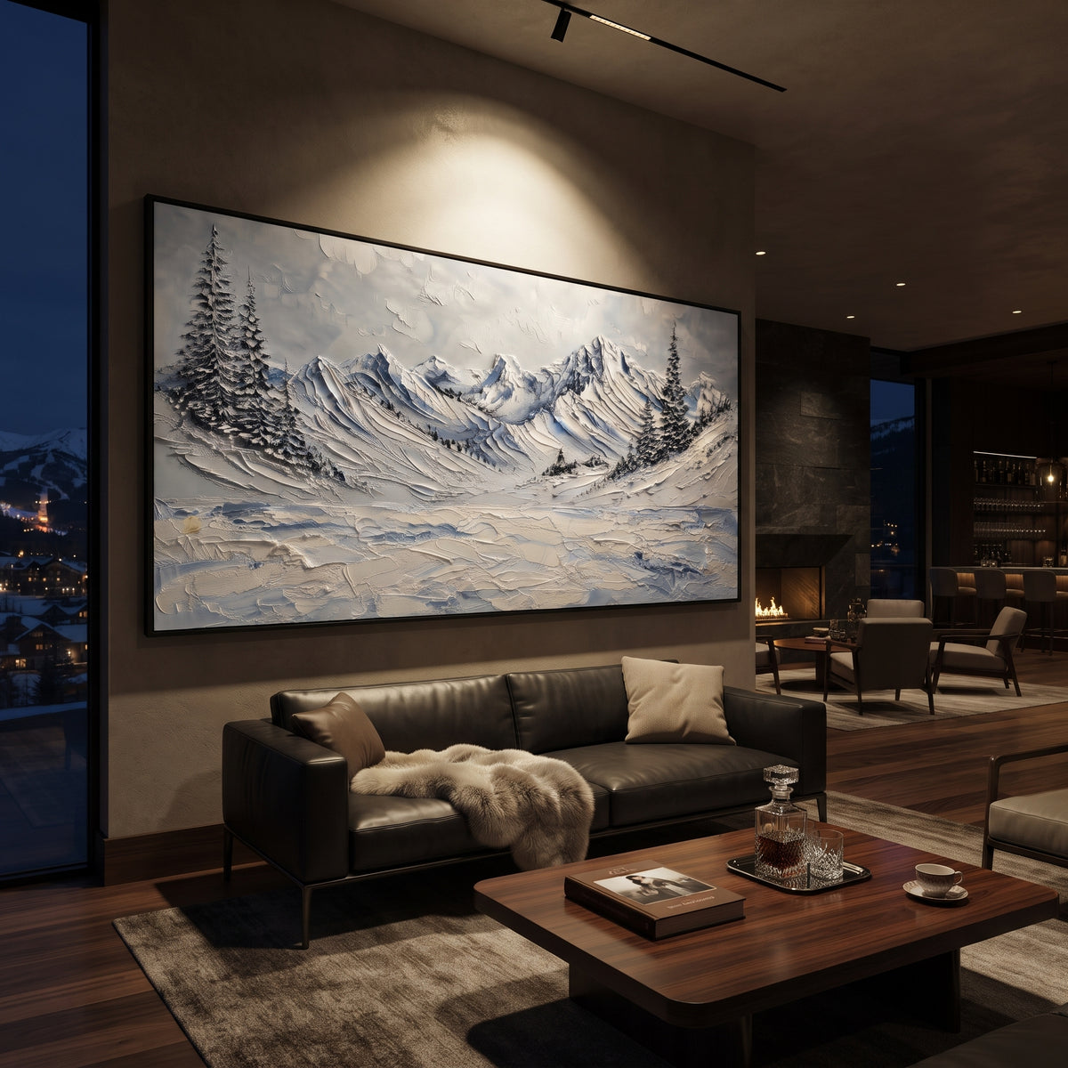 Cold Lake Mountain Bowl is written from the actual artwork image, focusing on cold lake mountain bowl with blue water strokes and pine-edged slopes. The visible composition is specific rather than generic: blue lake-like strokes, pine-edged slopes, and a curved snowy mountain bowl. The wide horizontal layout controls how the eye travels through the scene, with the mountain mass, valley floor, tree line, water edge, or small figure details arranged to create depth across the canvas. Its white