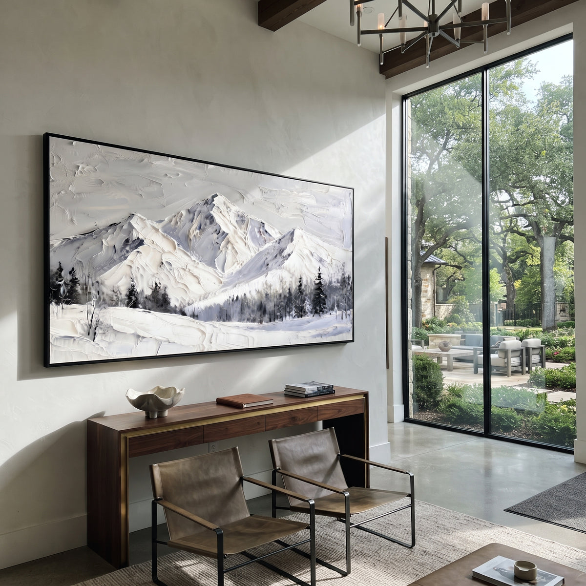 Sunlit White Peak Meadow is written from the actual artwork image, focusing on sunlit white peak meadow with black pines and a bright central summit. The visible composition is specific rather than generic: a bright central summit, black pines, open white meadow, and subtle warm daylight. The wide horizontal layout controls how the eye travels through the scene, with the mountain mass, valley floor, tree line, water edge, or small figure details arranged to create depth across the canvas. Its