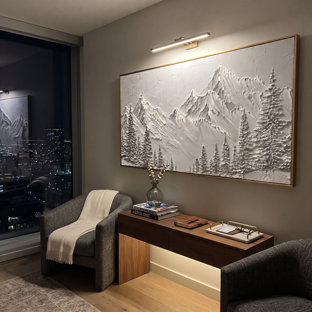 Silver Fir Mountain Curtain is written from the actual artwork image, focusing on silver fir mountain curtain with dense tree silhouettes under pale peaks. The visible composition is specific rather than generic: dense fir silhouettes, pale peak curtain, and grey winter texture. The wide horizontal layout controls how the eye travels through the scene, with the mountain mass, valley floor, tree line, water edge, or small figure details arranged to create depth across the canvas. Its white, gray