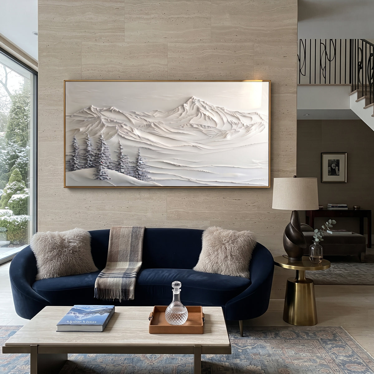 Curved Snowfield Mountain is written from the actual artwork image, focusing on curved snowfield mountain with long smooth ridges and sparse pine accents. The visible composition is specific rather than generic: long smooth snowfield curves, sparse pine accents, and a quiet off-white mountain horizon. The wide horizontal layout controls how the eye travels through the scene, with the mountain mass, valley floor, tree line, water edge, or small figure details arranged to create depth across the