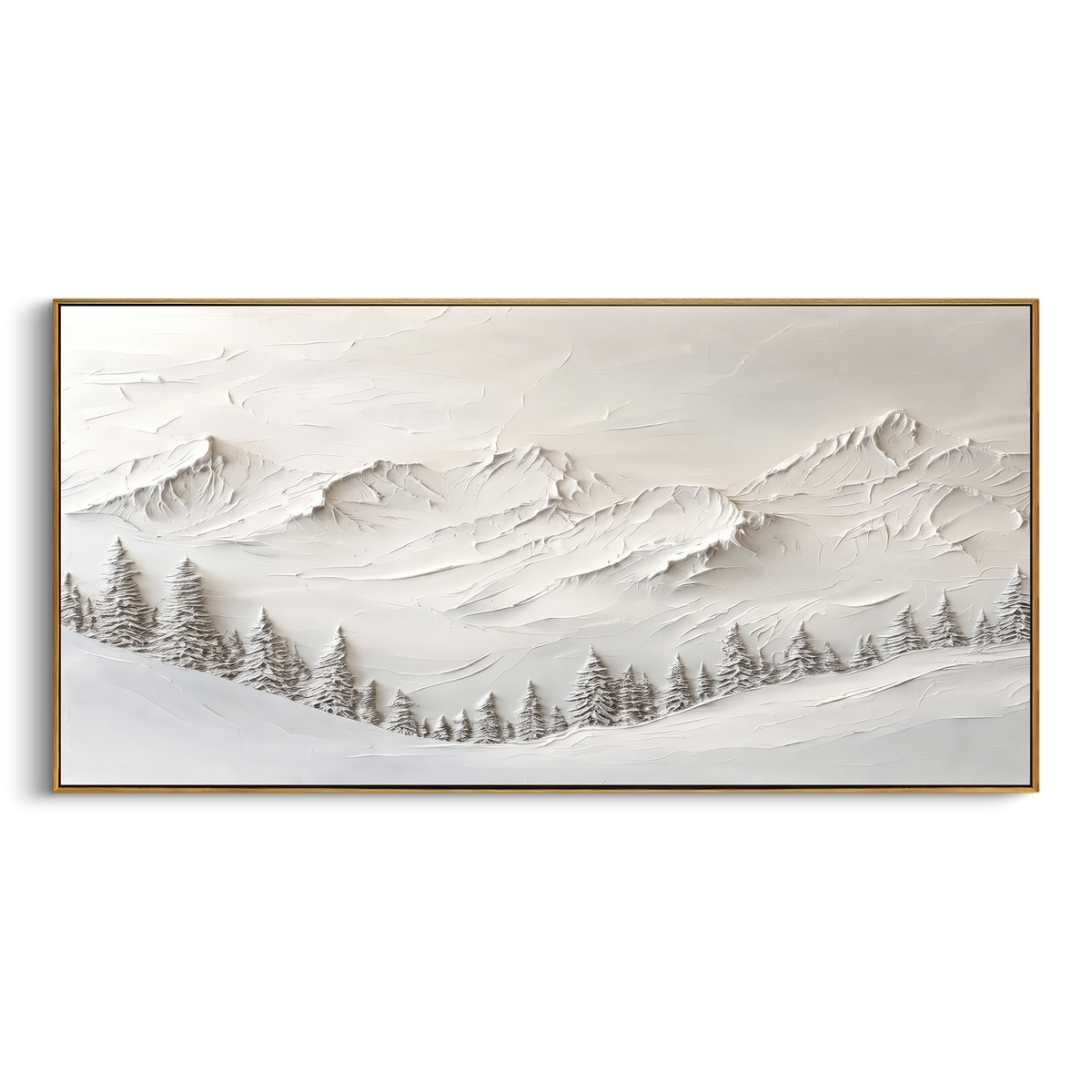 Wide Snow Valley Pine is written from the actual artwork image, focusing on wide snow valley pine with scattered forest dots and a low rolling ridge. The visible composition is specific rather than generic: scattered forest dots, a low rolling ridge, and a broad snow valley opening. The wide horizontal layout controls how the eye travels through the scene, with the mountain mass, valley floor, tree line, water edge, or small figure details arranged to create depth across the canvas. Its white