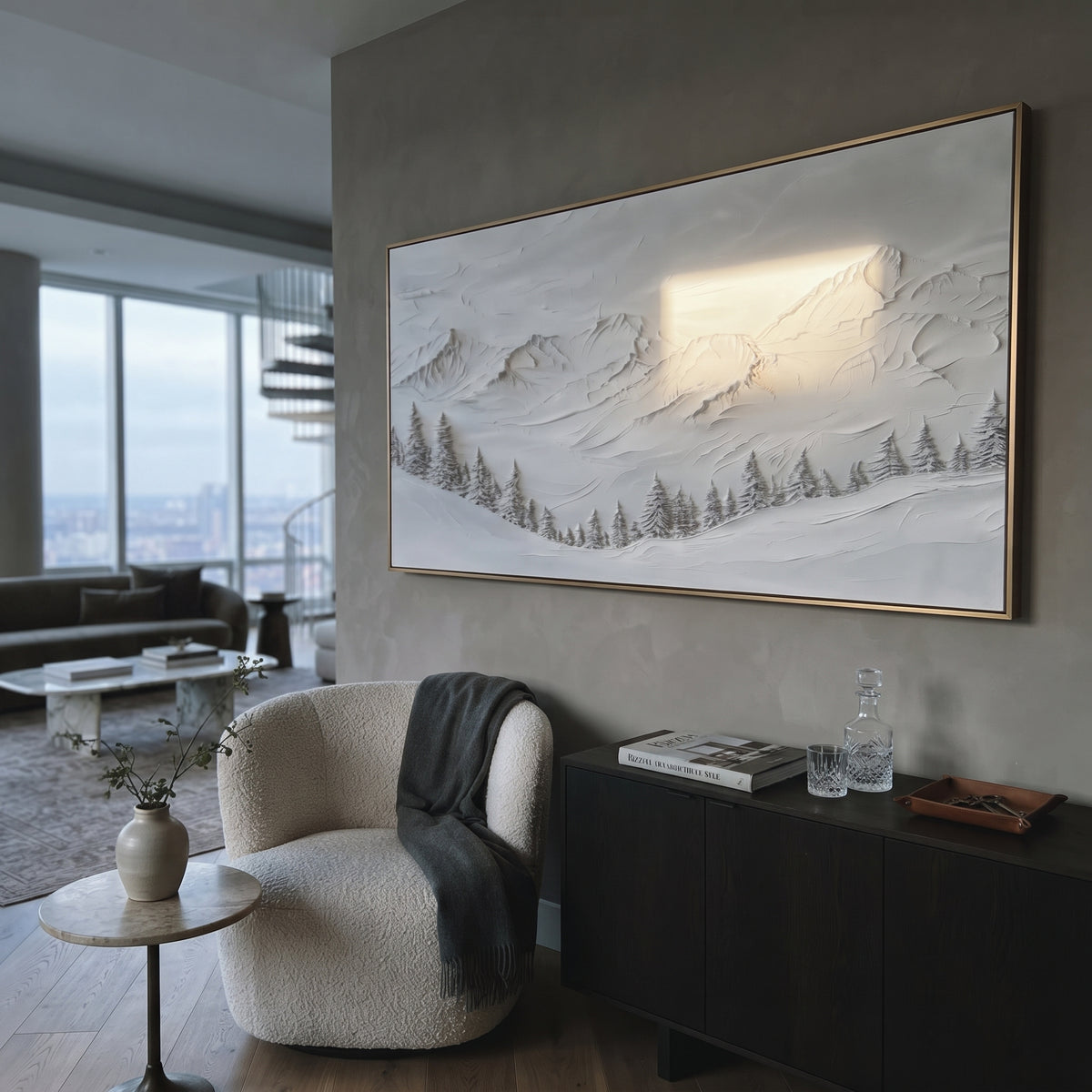 Wide Snow Valley Pine is written from the actual artwork image, focusing on wide snow valley pine with scattered forest dots and a low rolling ridge. The visible composition is specific rather than generic: scattered forest dots, a low rolling ridge, and a broad snow valley opening. The wide horizontal layout controls how the eye travels through the scene, with the mountain mass, valley floor, tree line, water edge, or small figure details arranged to create depth across the canvas. Its white