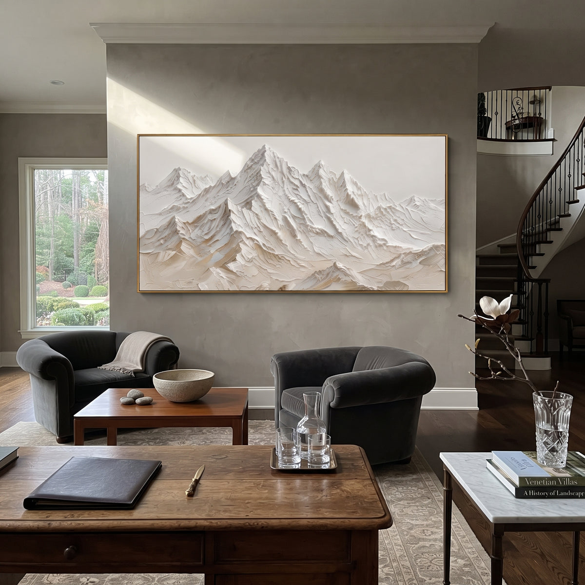 Layered Sand White Peaks is written from the actual artwork image, focusing on layered sand white peaks with beige undertones and finely cut ridge folds. The visible composition is specific rather than generic: beige undertones, finely cut white ridge folds, and a dense stacked mountain face. The wide horizontal layout controls how the eye travels through the scene, with the mountain mass, valley floor, tree line, water edge, or small figure details arranged to create depth across the canvas.